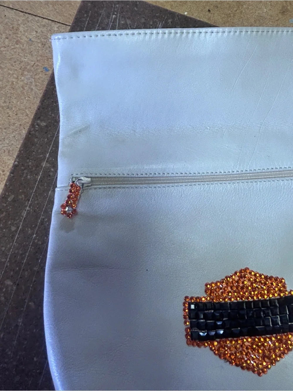 Homemade “Harley-Davidson”Leather Clutch Orange & Black Beaded Accent of Logo